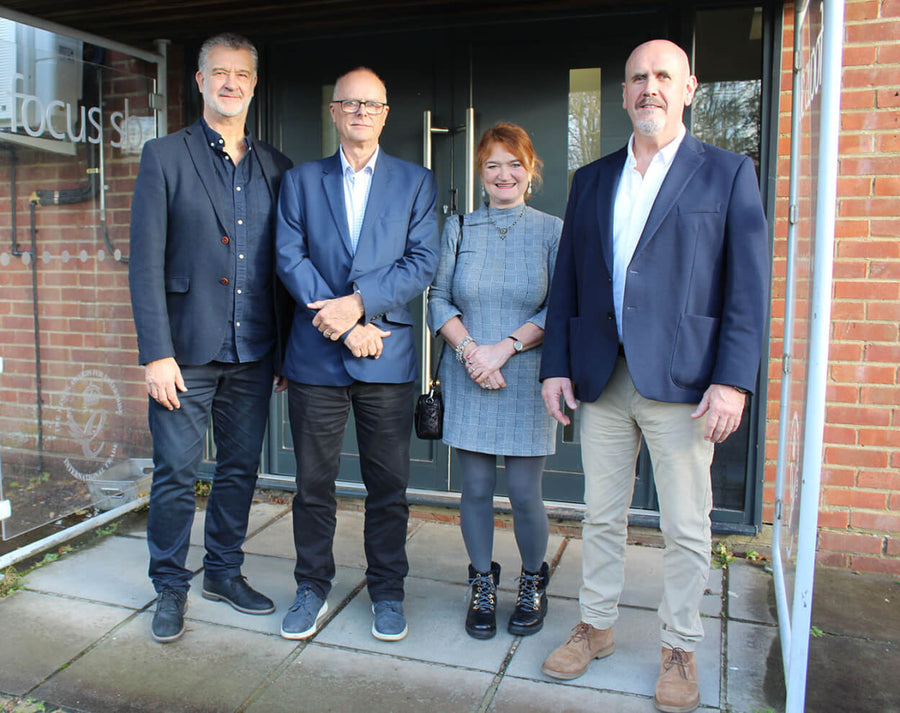 Image caption: (from left to right) MD, Gary Stevens, Colin Melhuish (DBT), Janet Edwards (DBT), MD Designate, Ciaran Mitchell pictured outside Focus SB HQ and main factory in Napier Road, St Leonards-on-Sea. Photography by Roland Caughey.