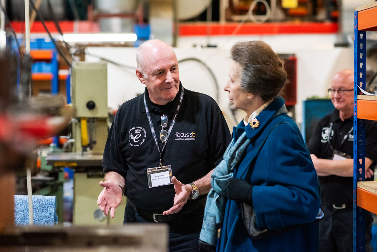 Mr Howe explains some of our precision engineering processes to The Princess Royal on 22nd November 2023 when Her Royal Highness formally presented us withThe King’s Award for Enterprise winner trophy for our achievement in International Trade.