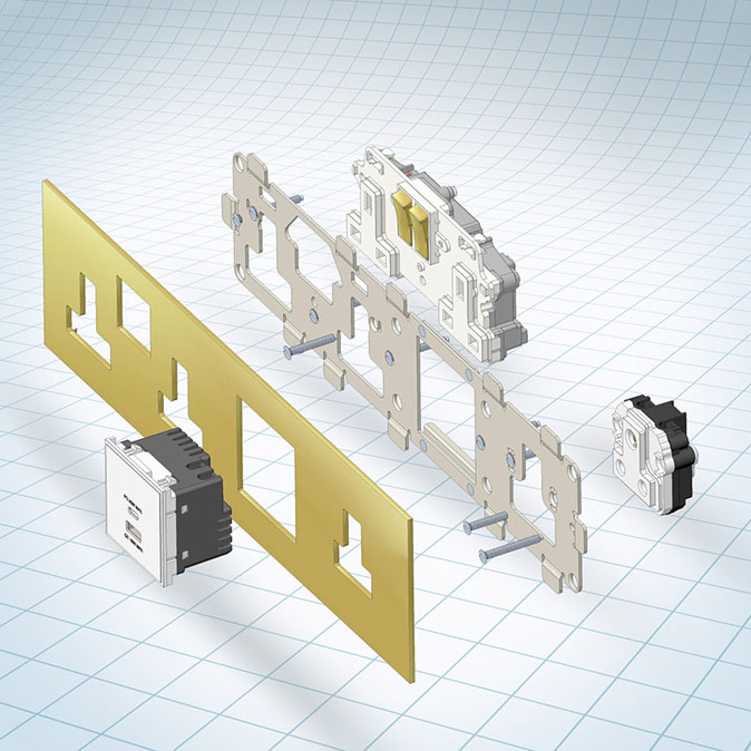 A technical drawing depicting the construction of a Renaissance combination faceplate with power sockets and USB