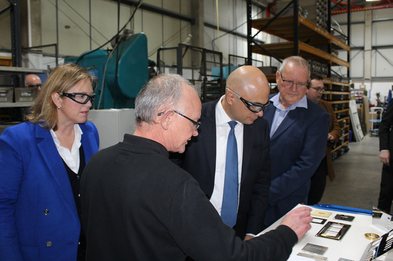 Chris Turner Focus SB general manager hosts factory tour for Sally-Ann Hart Conservative Party candidate Hastings and Rye, Sajid Javid Chancellor of the Exchequer, Roger Kemp chairman Focus SB.